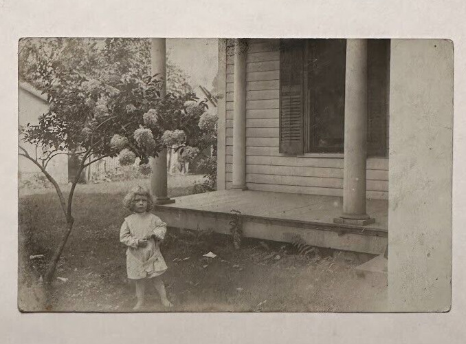 Vintage Child & Hydrangea RPPC Early 1900s House Porch Postcard