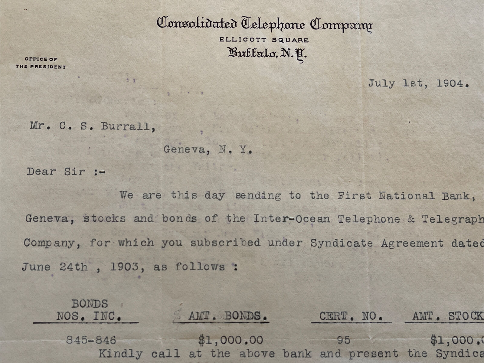 1904 Consolidated Telephone Company Buffalo New York Original Letterhead Signed