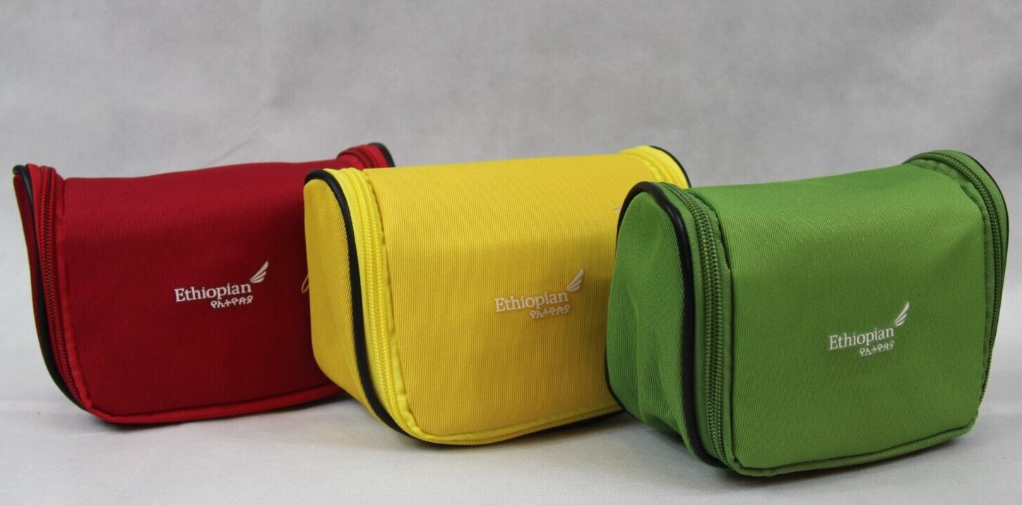 3 New Ethiopian Airlines Business Class Amenity Kits Green Red & Yellow bags