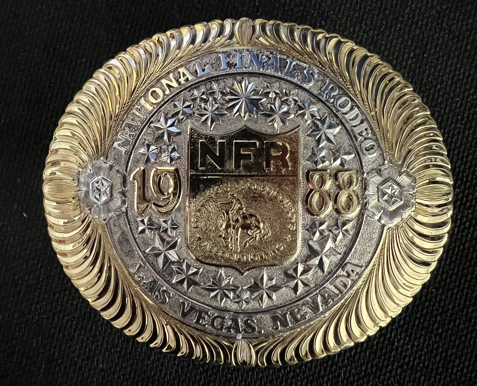 1988 National Finals Rodeo Belt Buckle Gary Gist Gold on Sterling Silver Overlay