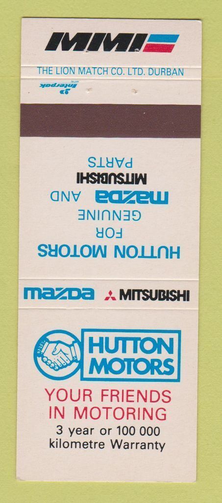 Matchbook Cover - Hutton Motors Mazda Mitsubishi South Africa