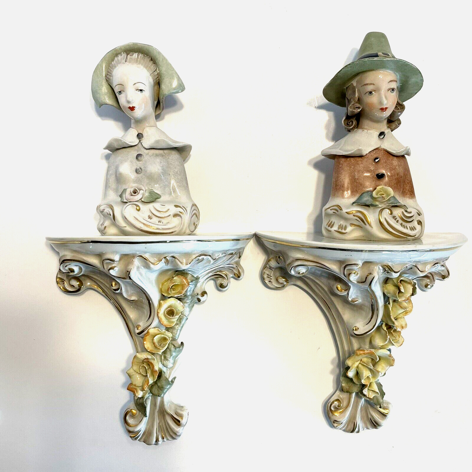 Pair of Vintage Cordey Ornate Porcelain Woman & Man Bust Figure Wall Hang Sconce