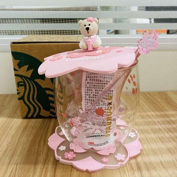 HOT New Starbucks Lovely Cat's Paw Sakura Double Glass W/ Lid&Stir stick&Coaster