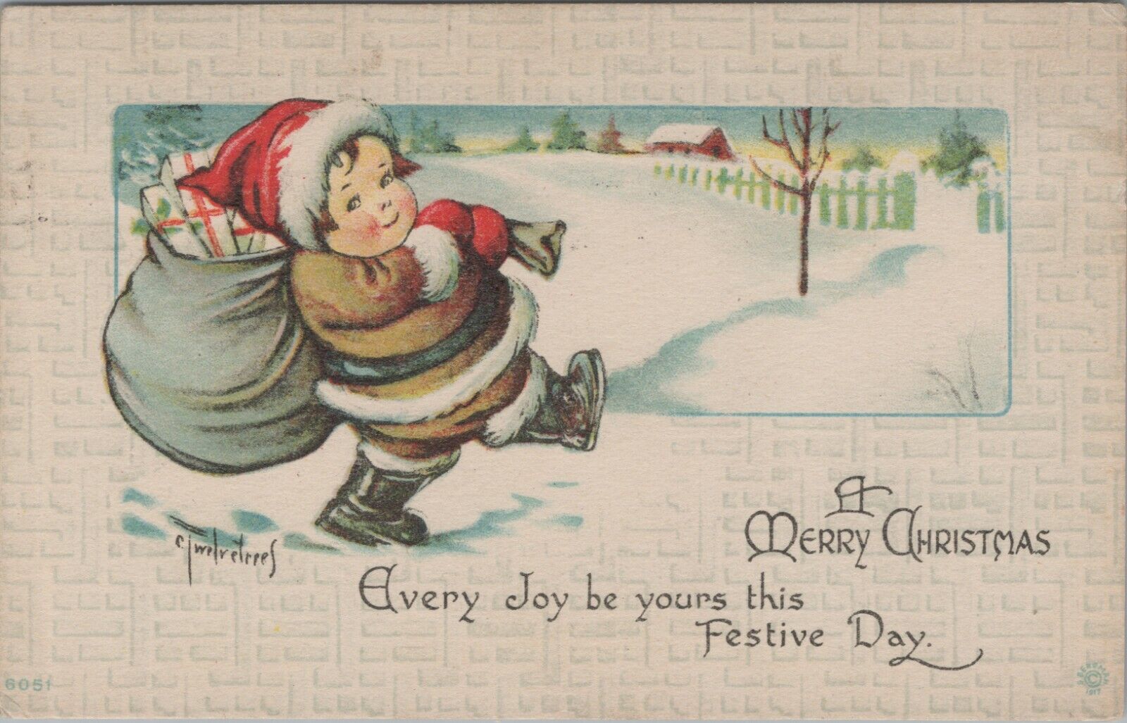c1915 Christmas boy dressed as brown Santa sack signed Charles Twelvetrees D843