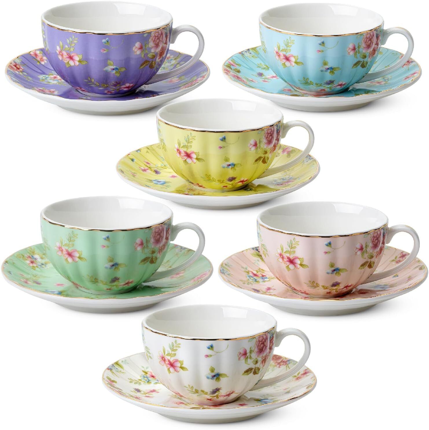 Cups and Saucers Set of 6, Tea Set, Floral Tea Cups (7oz), Porcelain Tea Cups=