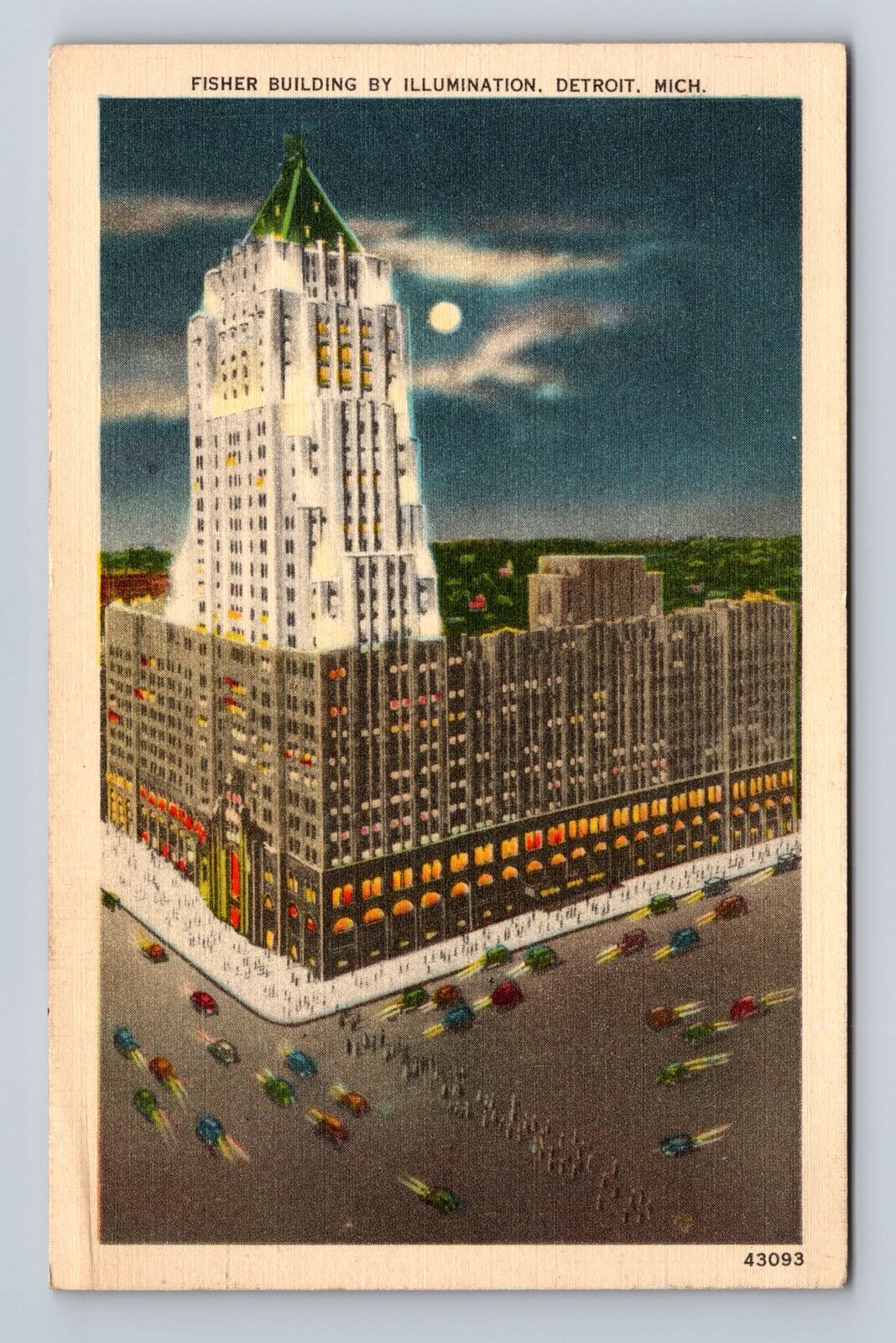 Detroit MI-Michigan, Fisher Building By Illumination, Vintage c1944 Postcard