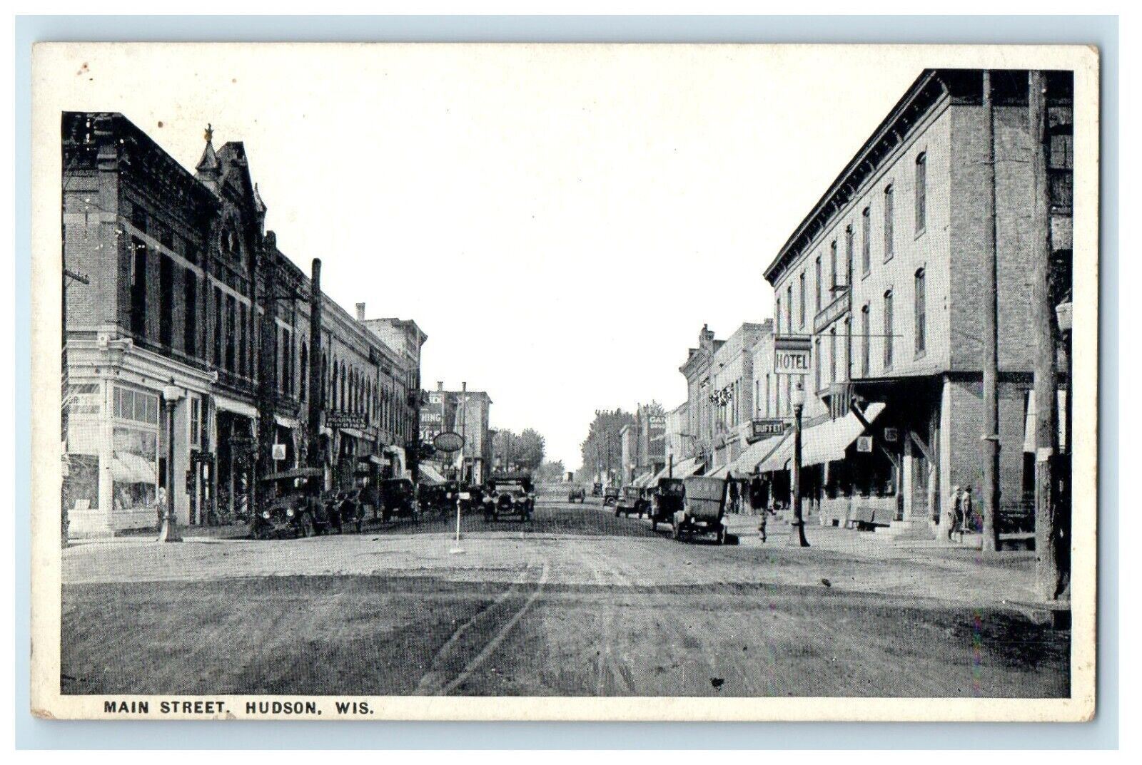 Main Street View Buffet Hotel Stores Cars Hudson Wisconsin WI Antique Postcard