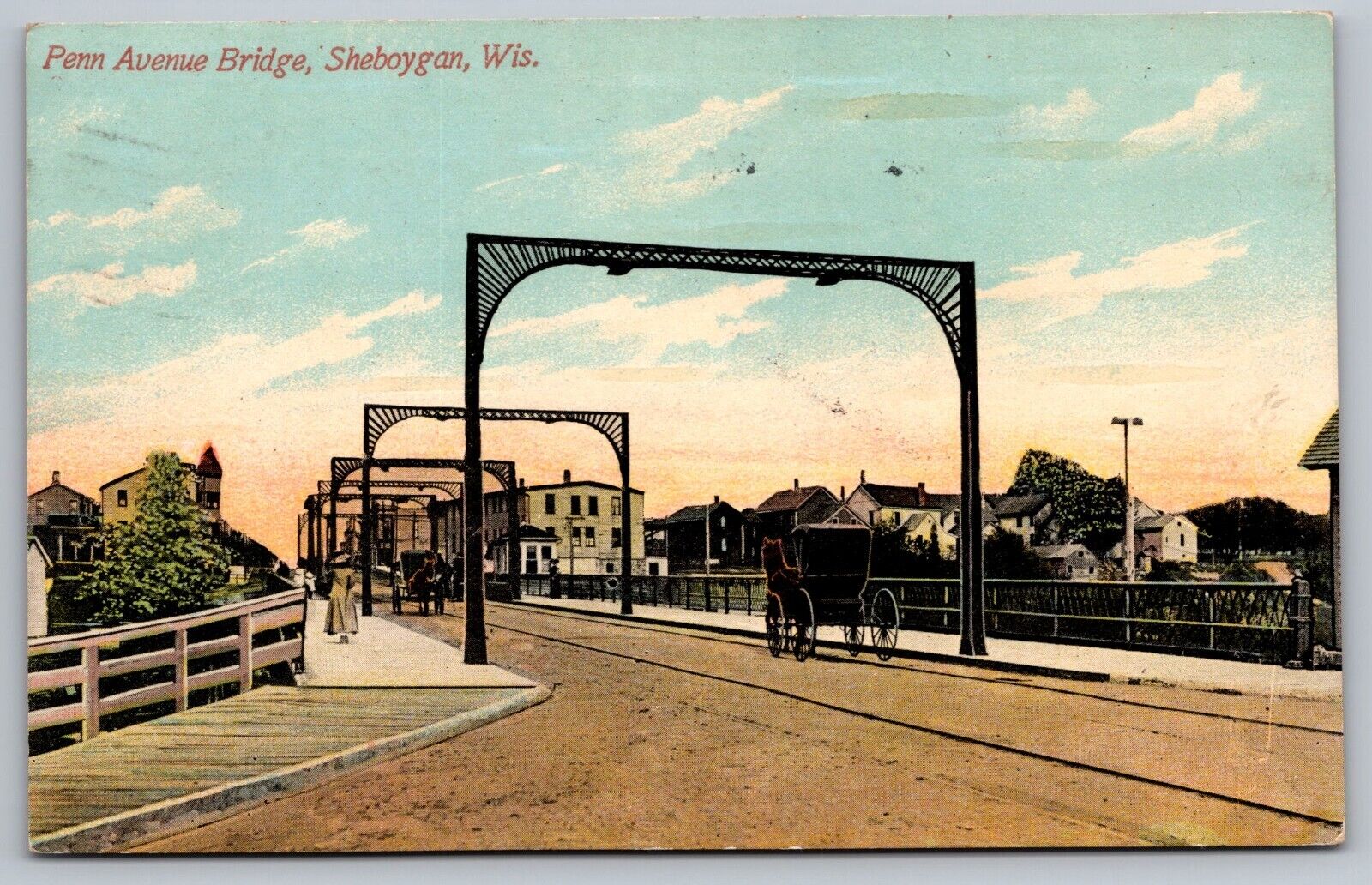 Penn Avenue Bridge Sheboygan Wisconsin w/ Horses and Buggies-c1912 VTG Postcard
