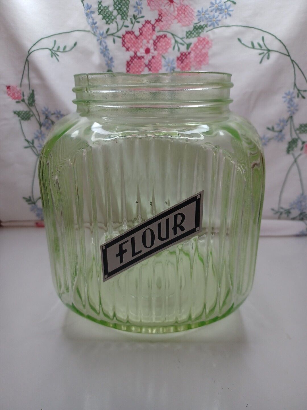 Vintage 1930s Hoosier Cabinet Green Uranium Glass Flour Jar Glows Beautifully