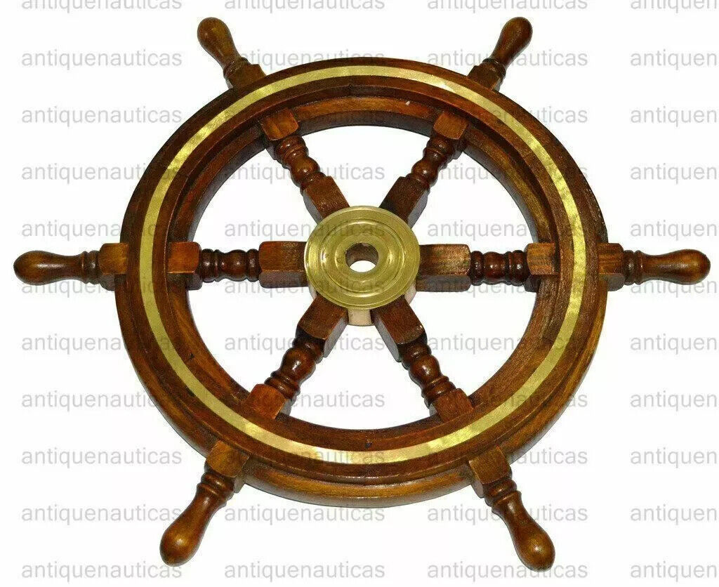 Wooden SHIP WHEEL 18 Inch Brass Nautical Collectible Wall Decor Vintage Browng
