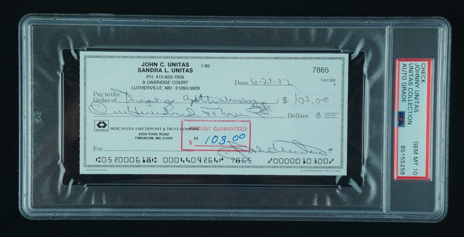 Johnny Unitas Signed 6/27/02 Check Colts HOF PSA/DNA GEM MT 10 Perfect Autograph