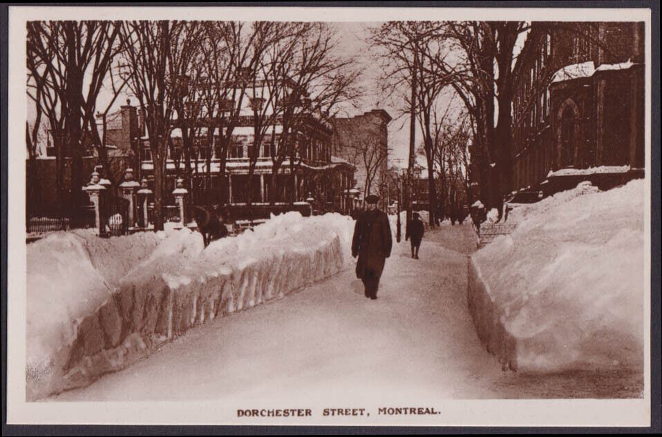 Two-foot snowfall Dorchester Street Montreal PQ RPPC postcard c 1930s