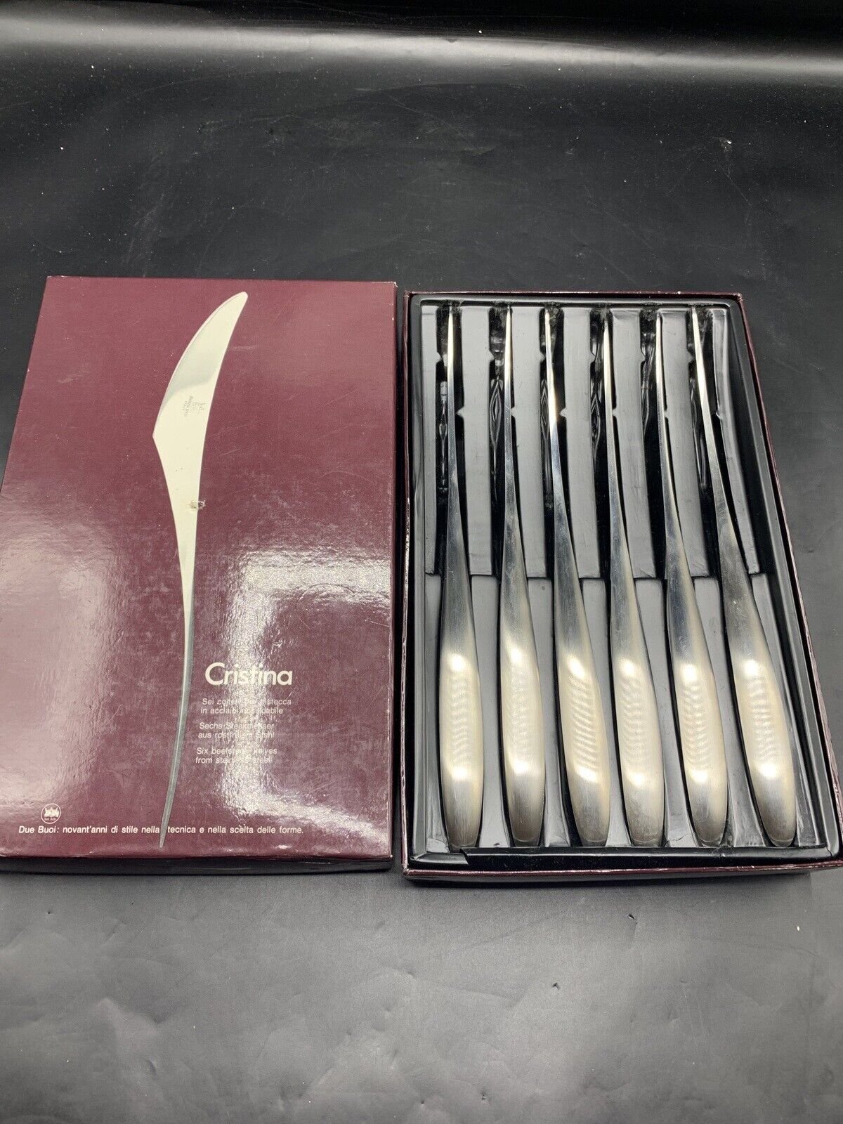 COMPLETE IN BOX 6 PC KNIFE SET-CRISTINA ITALY- DUE BUOI- TWO BULLS