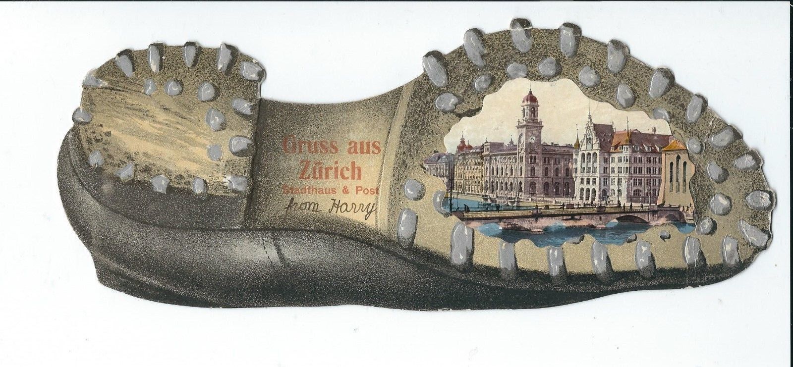 NE-045 - Gruss Aus Zurich Switzerland, Die Cut Postcard Shape of Shoe 1900\'s Vtg