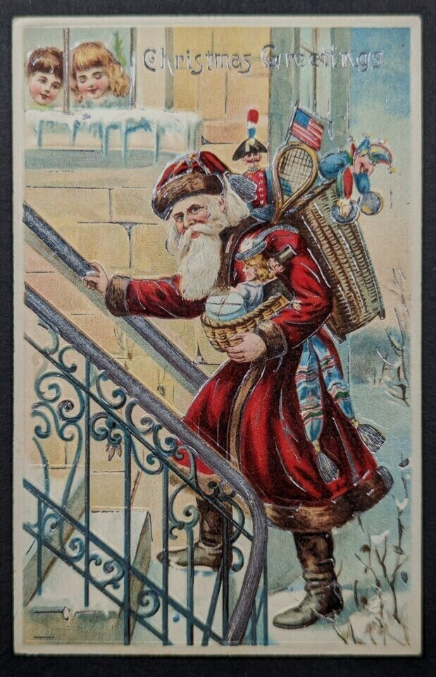 Patriotic Santa Claus with Toys~Flag~Children Antique~Christmas ~Postcard~k541