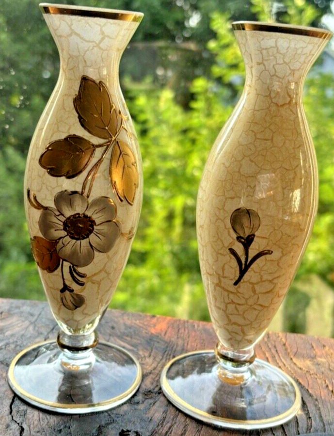 2 Vintage Crackle Opaline White Gold Gilt Glass Bud Vase Western Germany