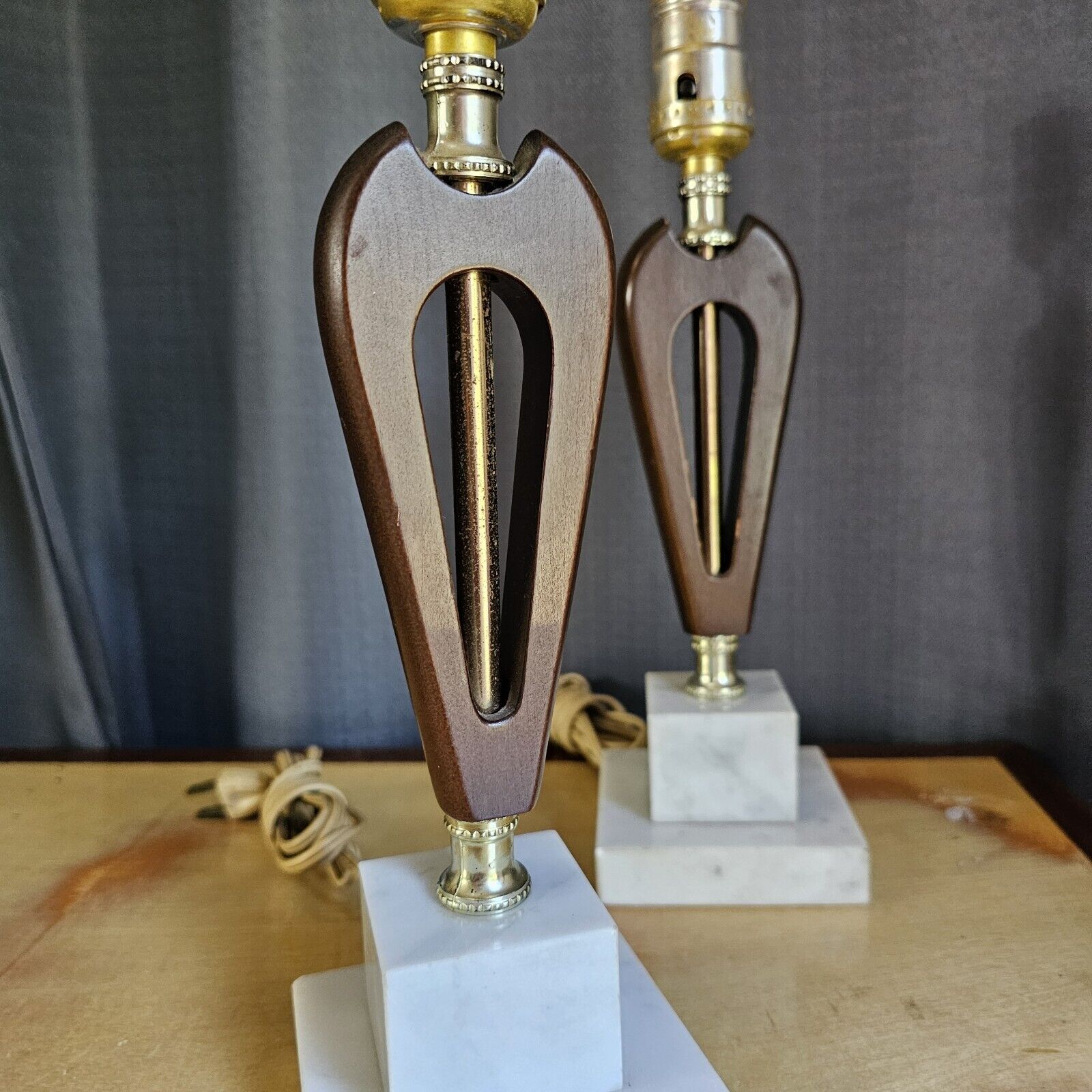 Vintage Lamp Pair Wood & Marble MCM Both Work 