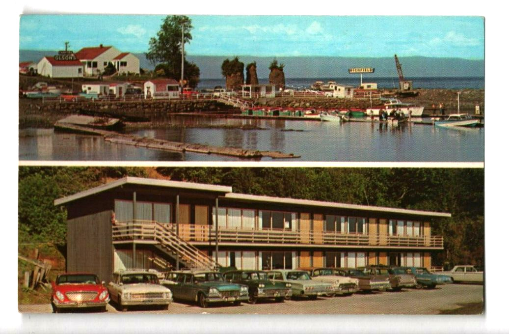 c1960s Olson's Resort Motel Sekiu Washington Boats Cars Richfield Oil Postcard
