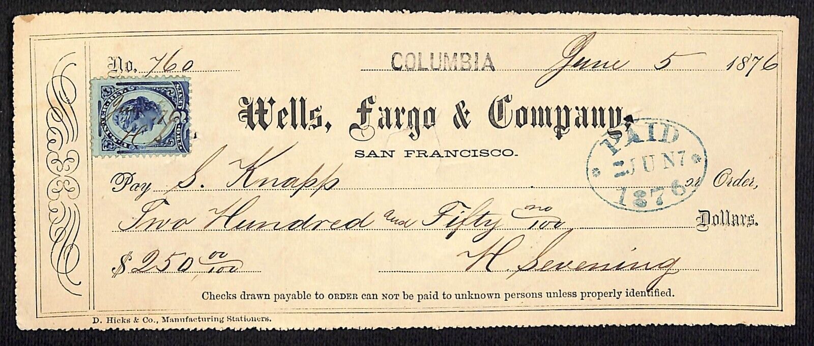 Wells Fargo & Co. 1876 Bank Check San Francisco S. Knapp $250 #460 Rev. Stamp