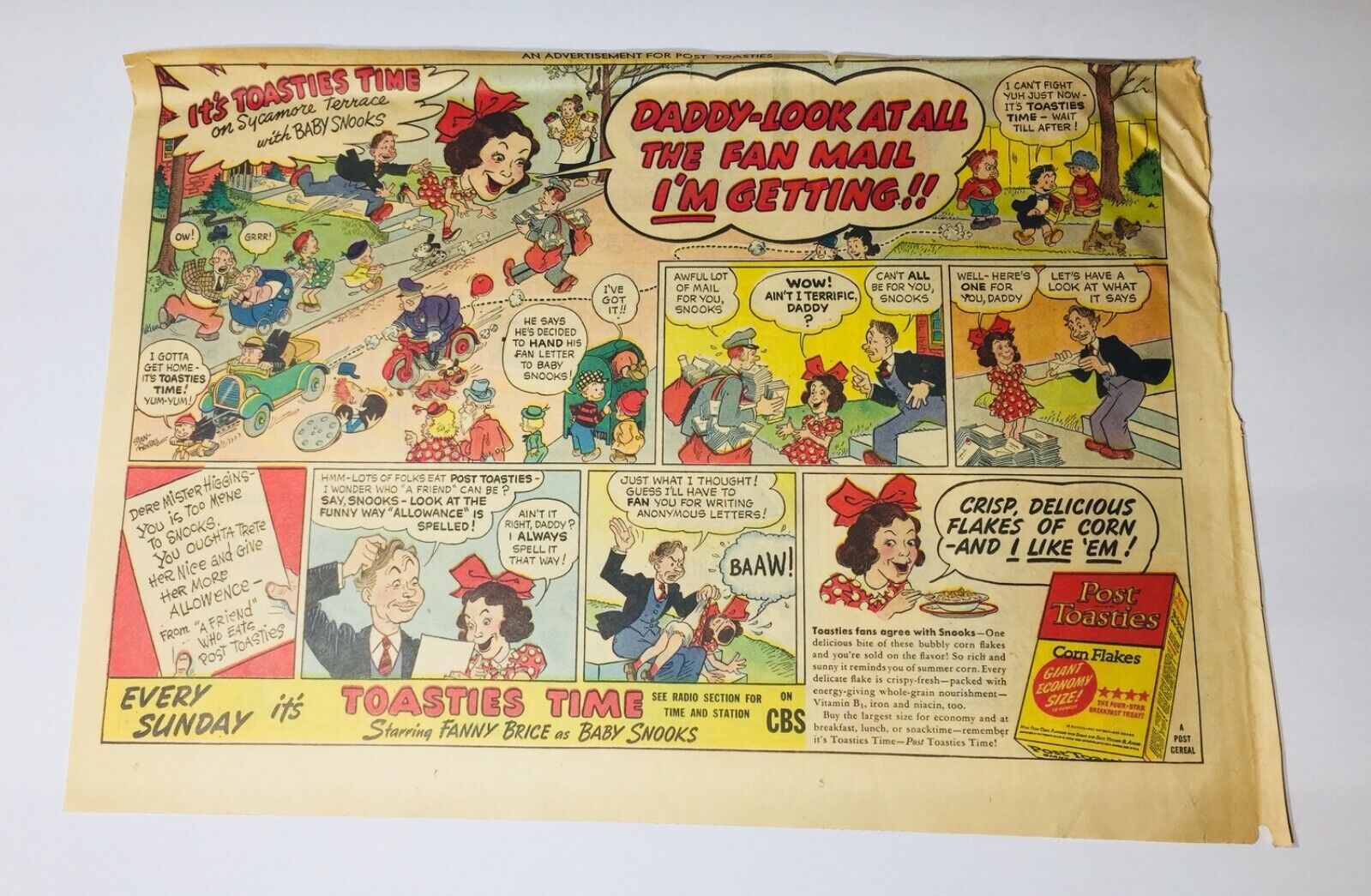 1945 Post Toasties Corn Flakes w/ Baby Snooks cereal comic strip ad 15.5x10.5”