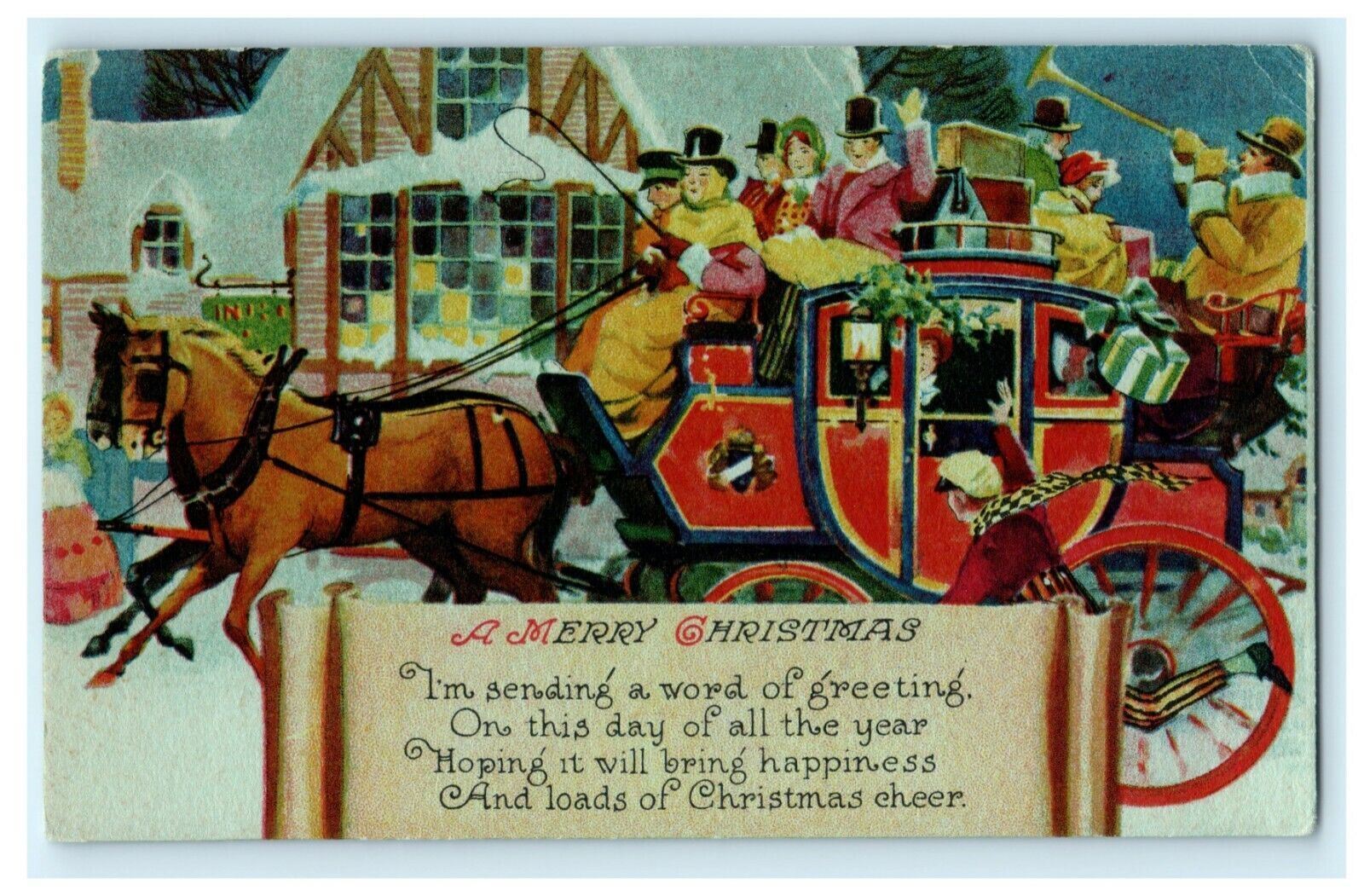 Christmas Carriage Presents Horse Trumpet Top Hat c1910 Vintage Antique Postcard