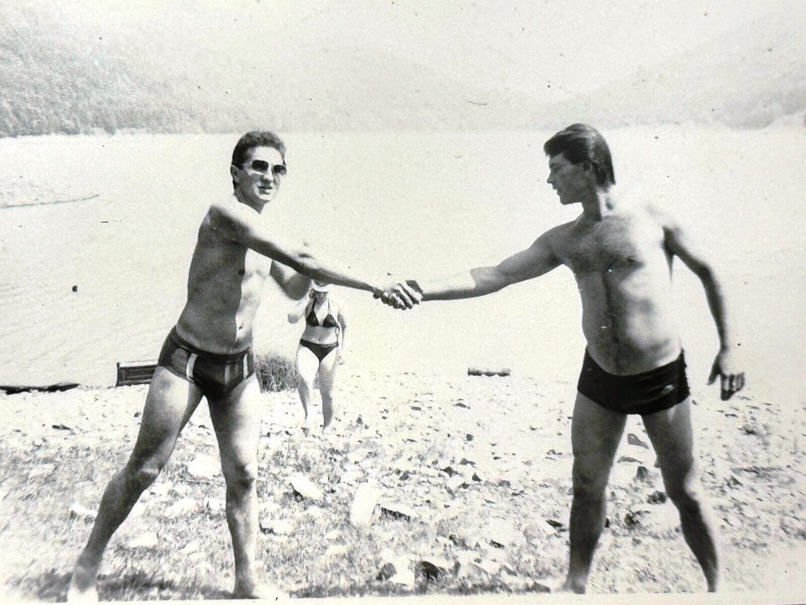 1970s Two Shirtless Handsome Men Trunks Bulge Gay int Beach Vintage B&W Photo