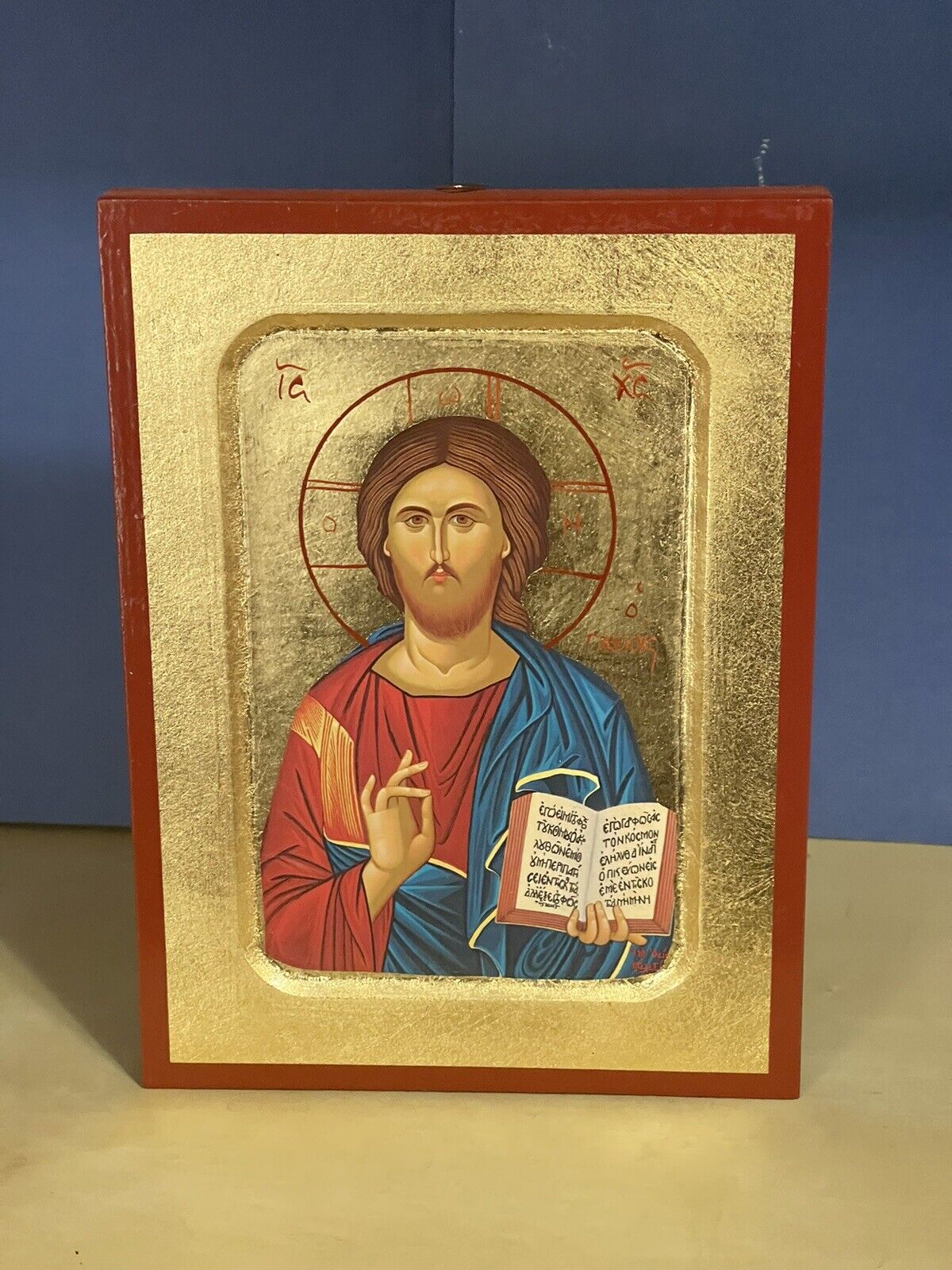 CHRIST BLESSING,THE SWEET -GREEK RUSSIAN WOODEN ICON,CARVED WITH GOLD LEAVES 6x8