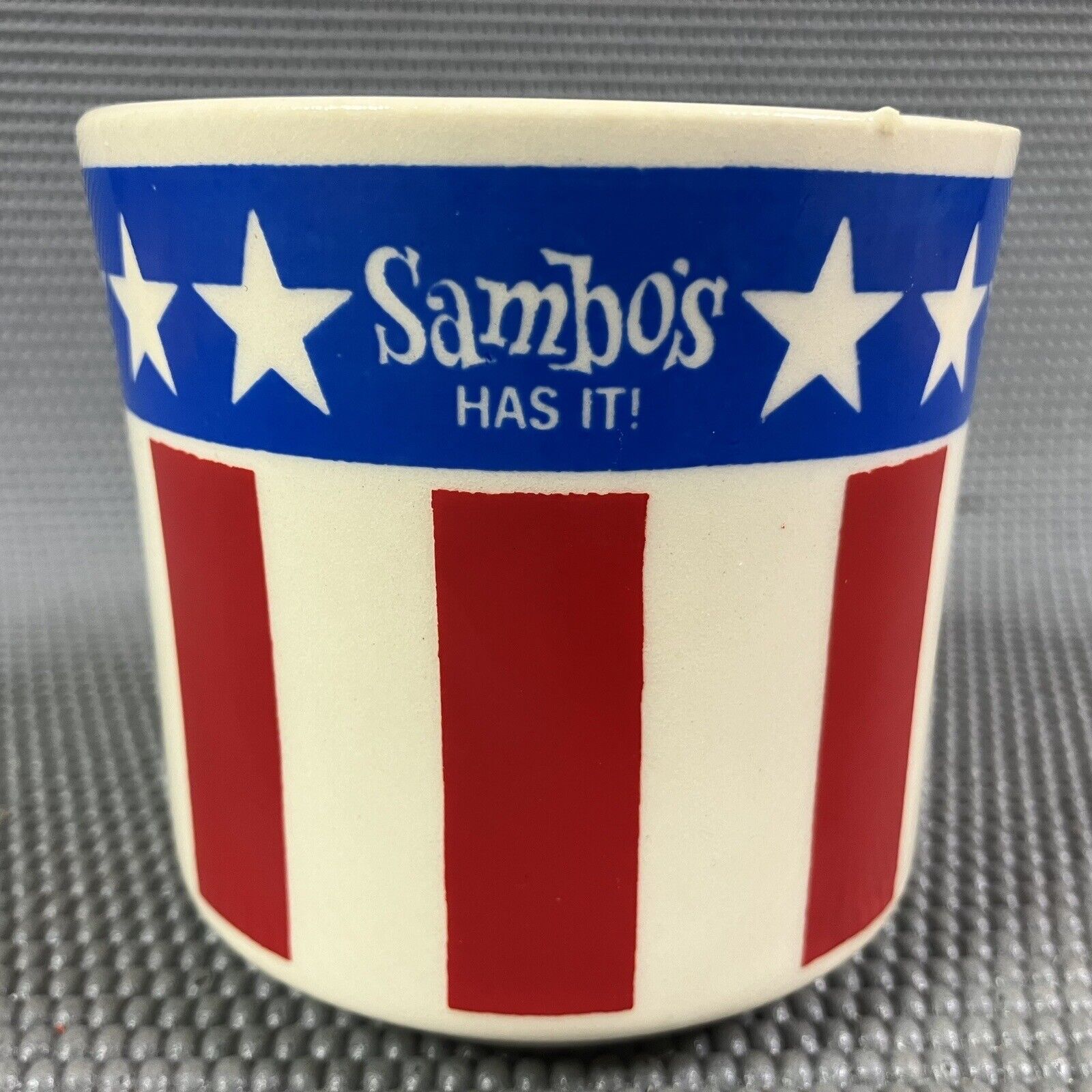 Vintage Sambo's Has It Coffee Mug Stars Stripes Red White Blue Coffee USA NICE