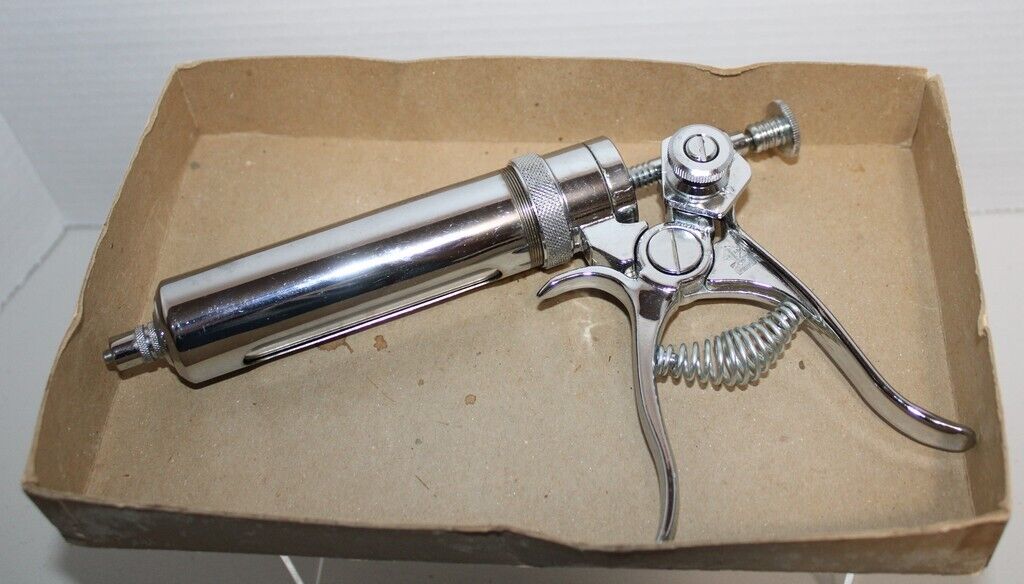 Vintage Ideal Pistol Grip Vaco Syringe Metal Plunger 50 C.C. With Original Box