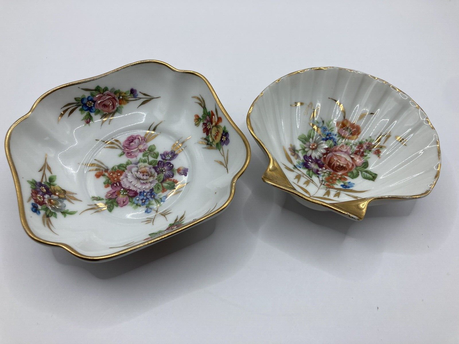 Vintage Lot 2 Limoges Porcelain Trinket Dishes Painted Florals Gold Trim  France