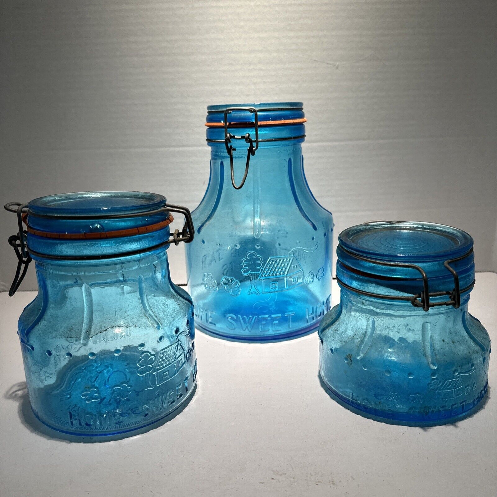 3 VINTAGE Crownford Giftware Blue Glass Jar Canister Home Sweet Home Italy
