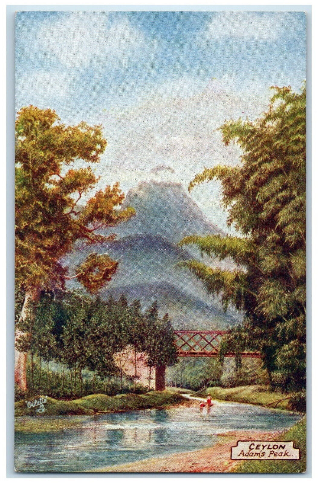 c1910 River & Mountain Scene, Ceylon Adam's Peak Oilette Art Tuck Postcard