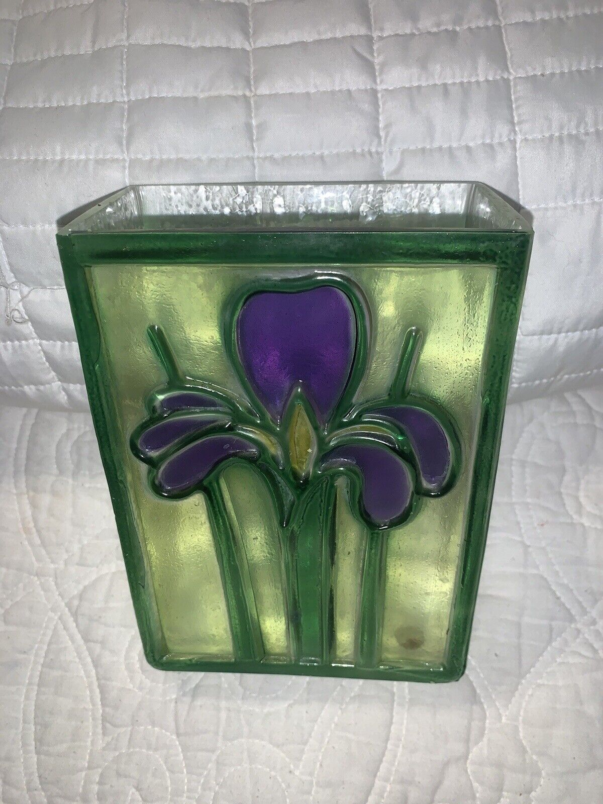 Vintage Glass Block Fused Glass Vase Iris Purple & Green
