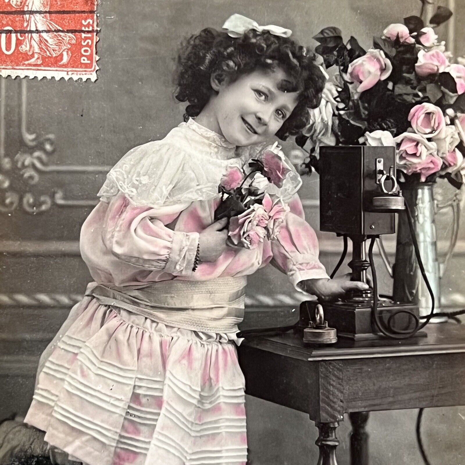 Vintage RPPC Postcard Adorable Little French Girl Answering Telephone Flowers