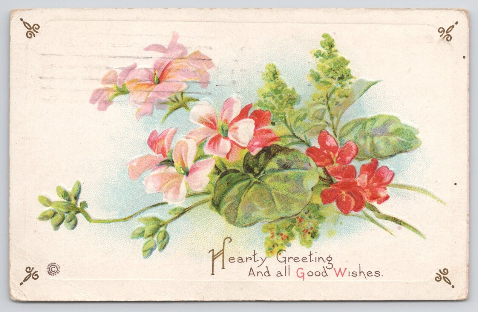 Hearty Greetings and All Good Wishes Flowers Embossed 1912 Divided Back Postcard