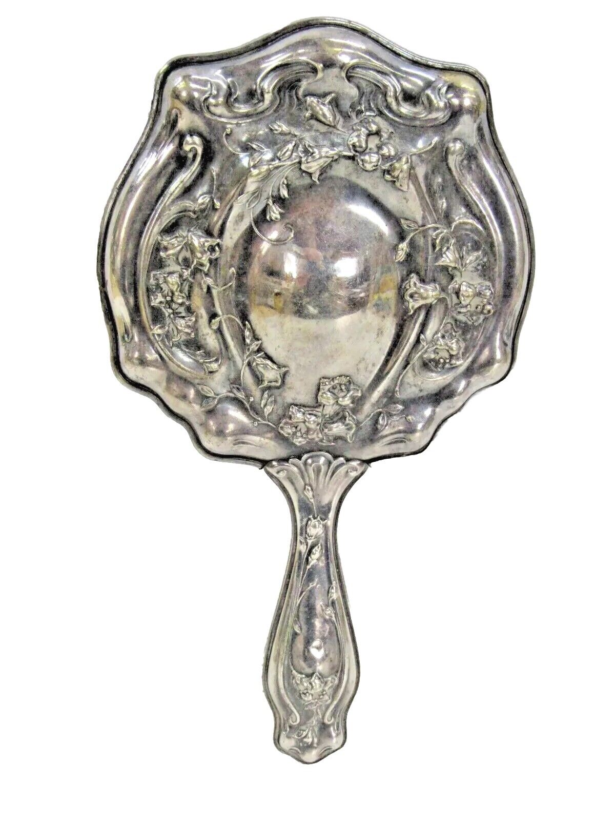 Vintage Silver  Ornate Vanity Hand Held Mirror Floral Antique Marked -Silver #VM