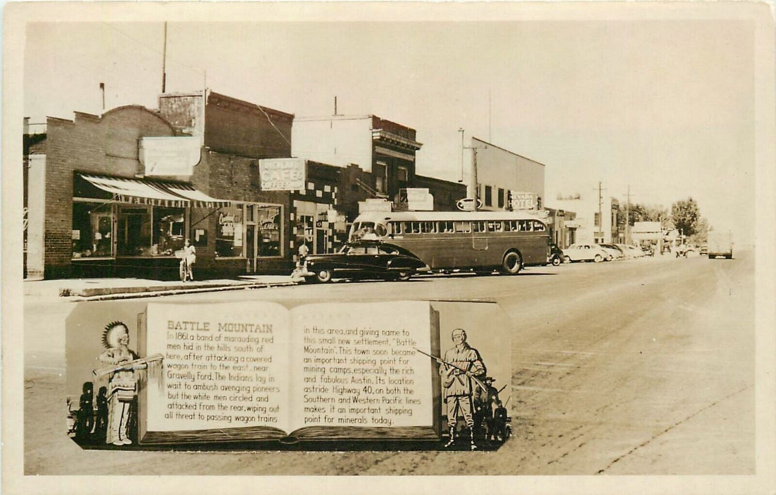 Postcard RPPC 1956 Battle Mountain Nevada Bus cafe Street automobile 24-6087