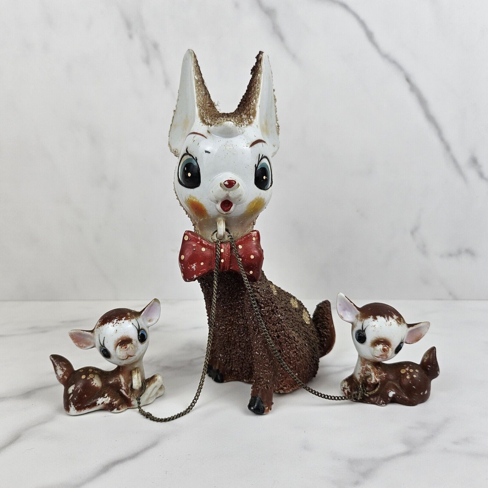 VTG MCM Arnart Japan Sugar Salt Glazed Cute Deer Figurine With Chained Fawns