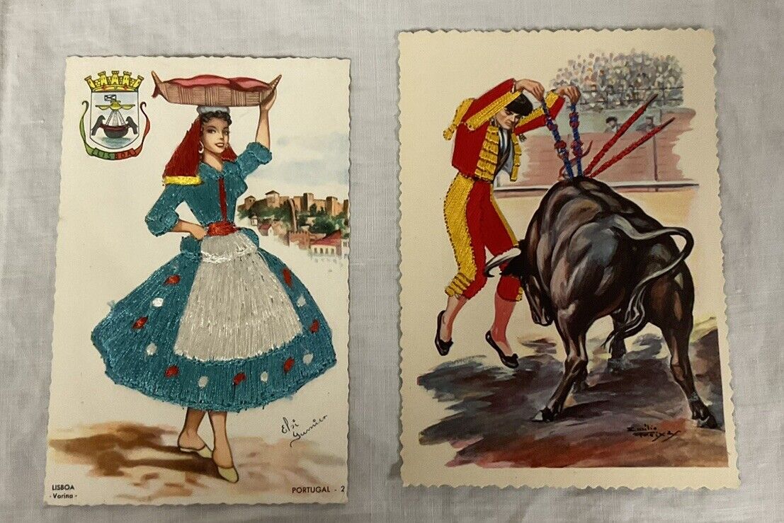 ELSIE GOUMIER  Signed Embroidered Clothing Postcard Lot Of 2