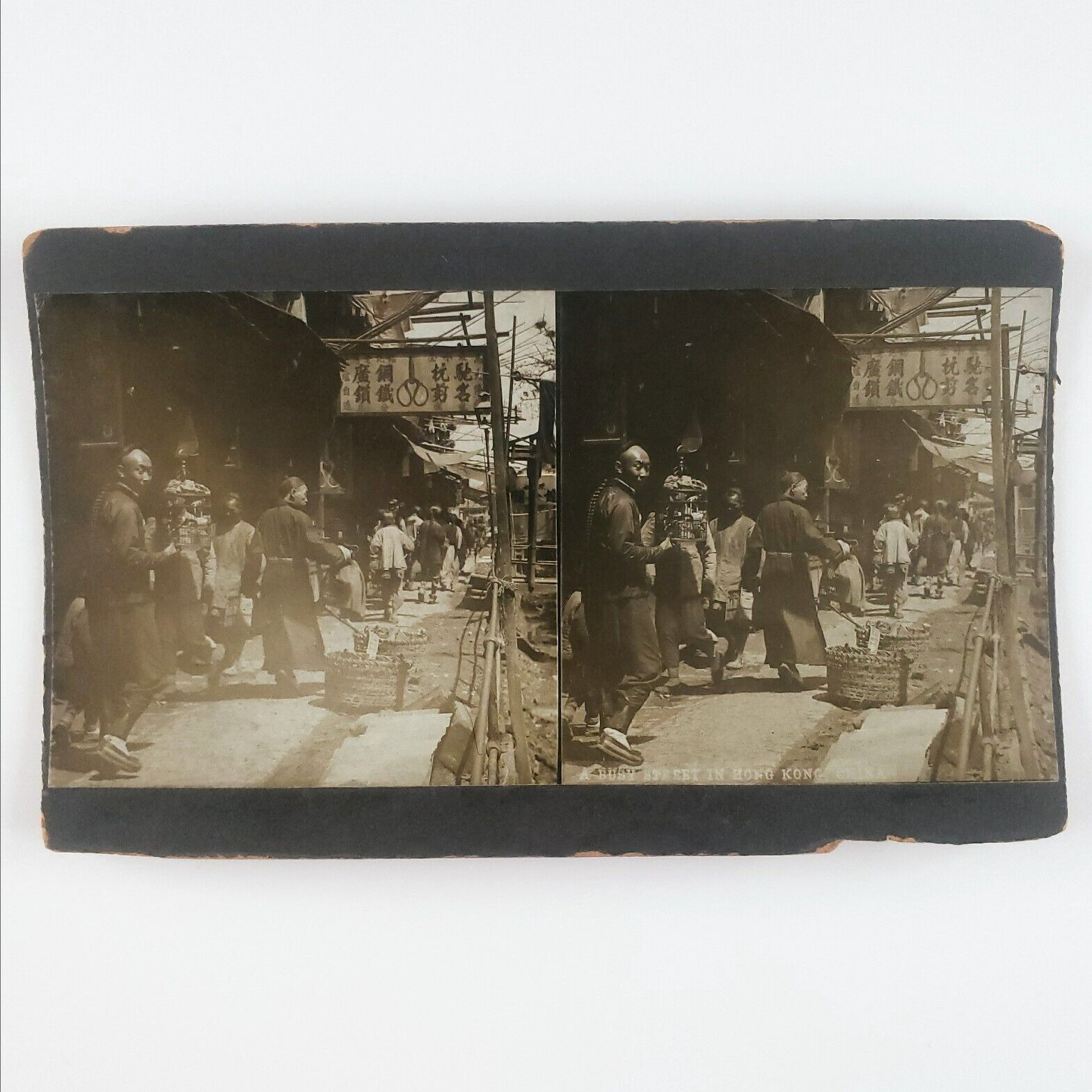 Hong Kong Barbershop Street Stereoview c1890 Chinese Birdcage China Sign D767
