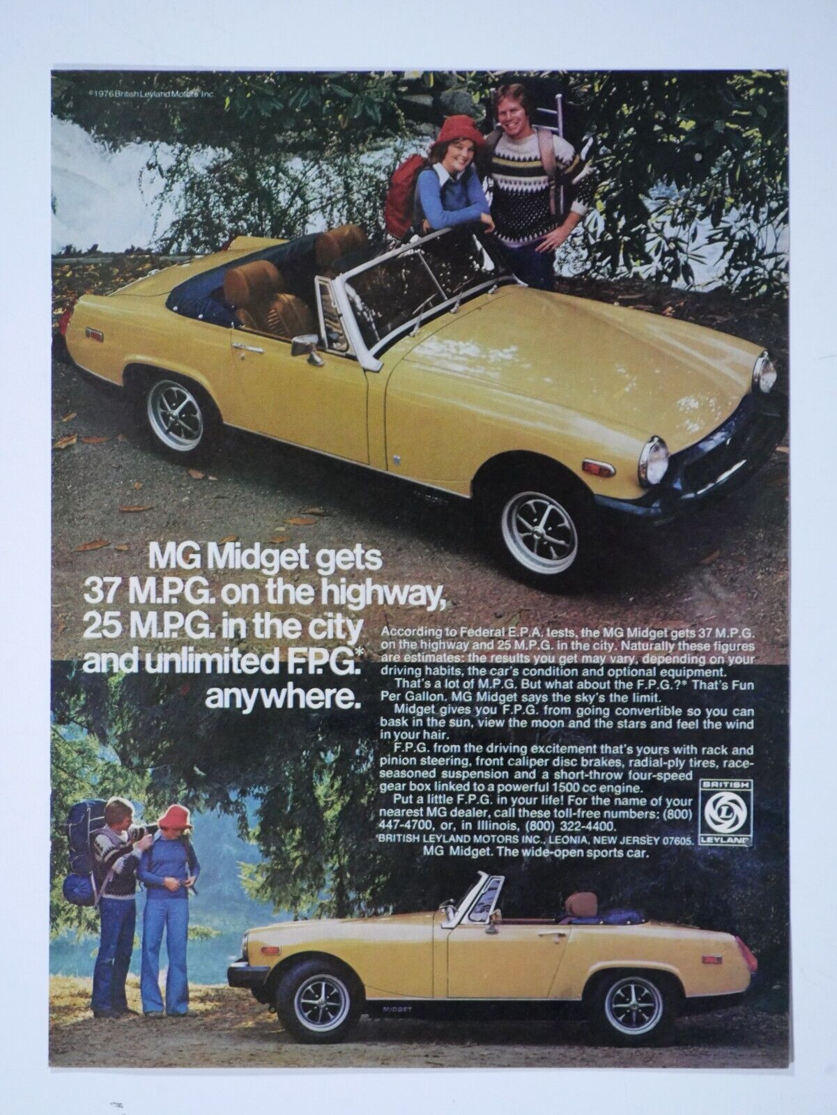 1976 MG Midget Convertible Yellow Vintage Original Print Ad 8.5 x 11