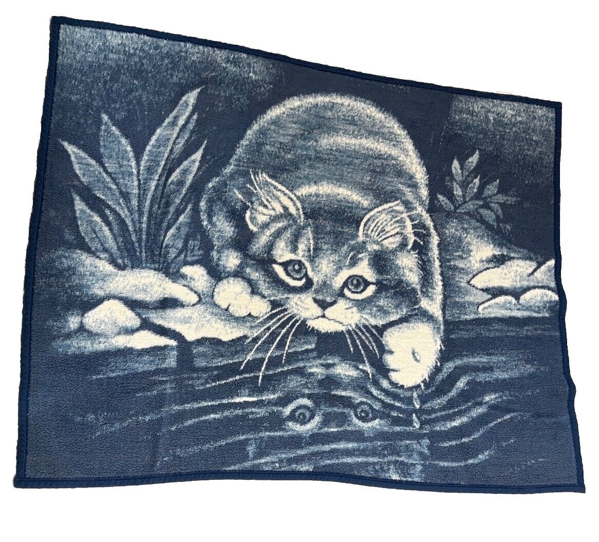 Vintage Biederlack Blanket Throw Blue Cat Kitten Reflection Reversible 54 X 45