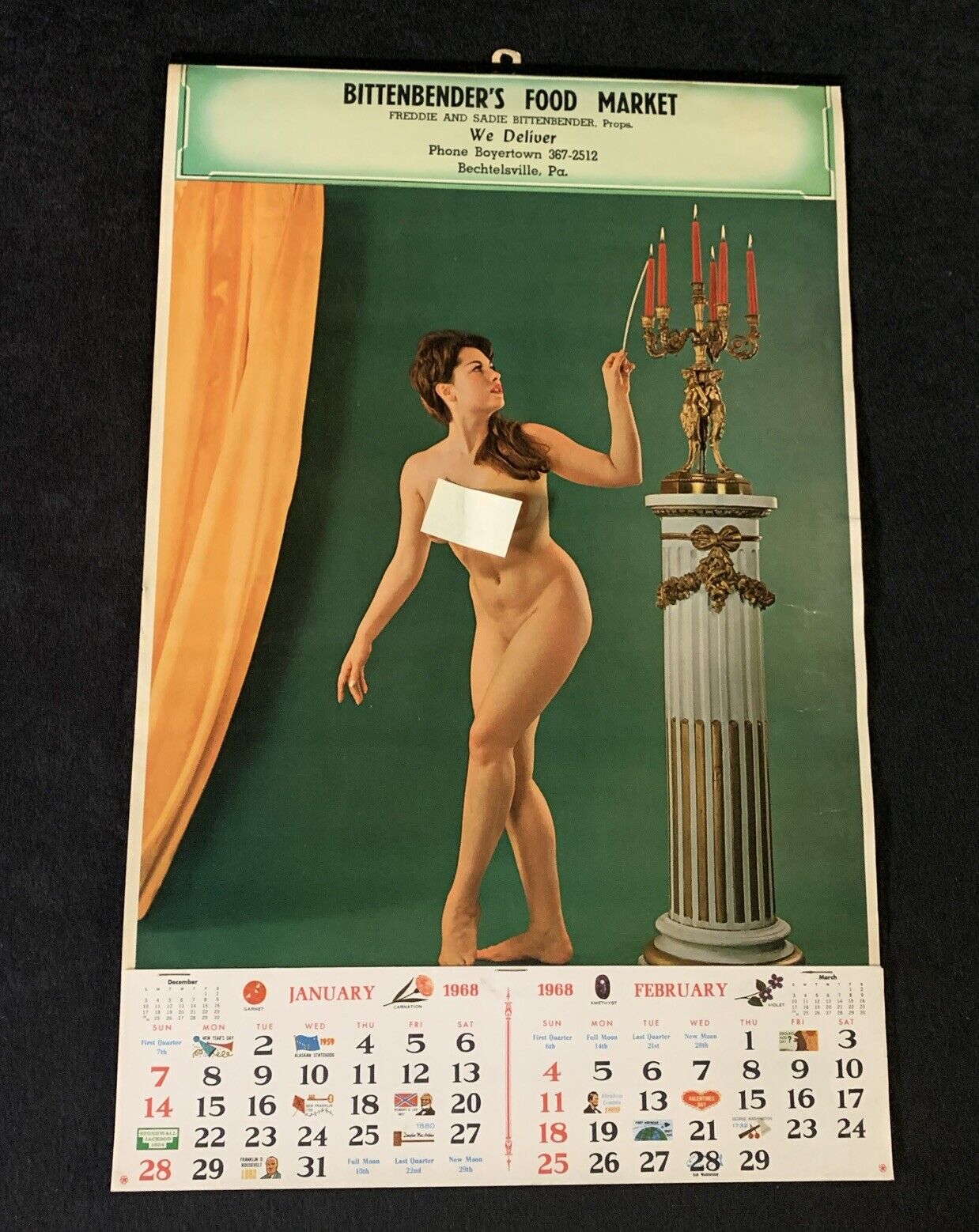 VTG 1968 Nude Calendar Union Made Bittenbender’s - Candleglow LPIU Philadelphia