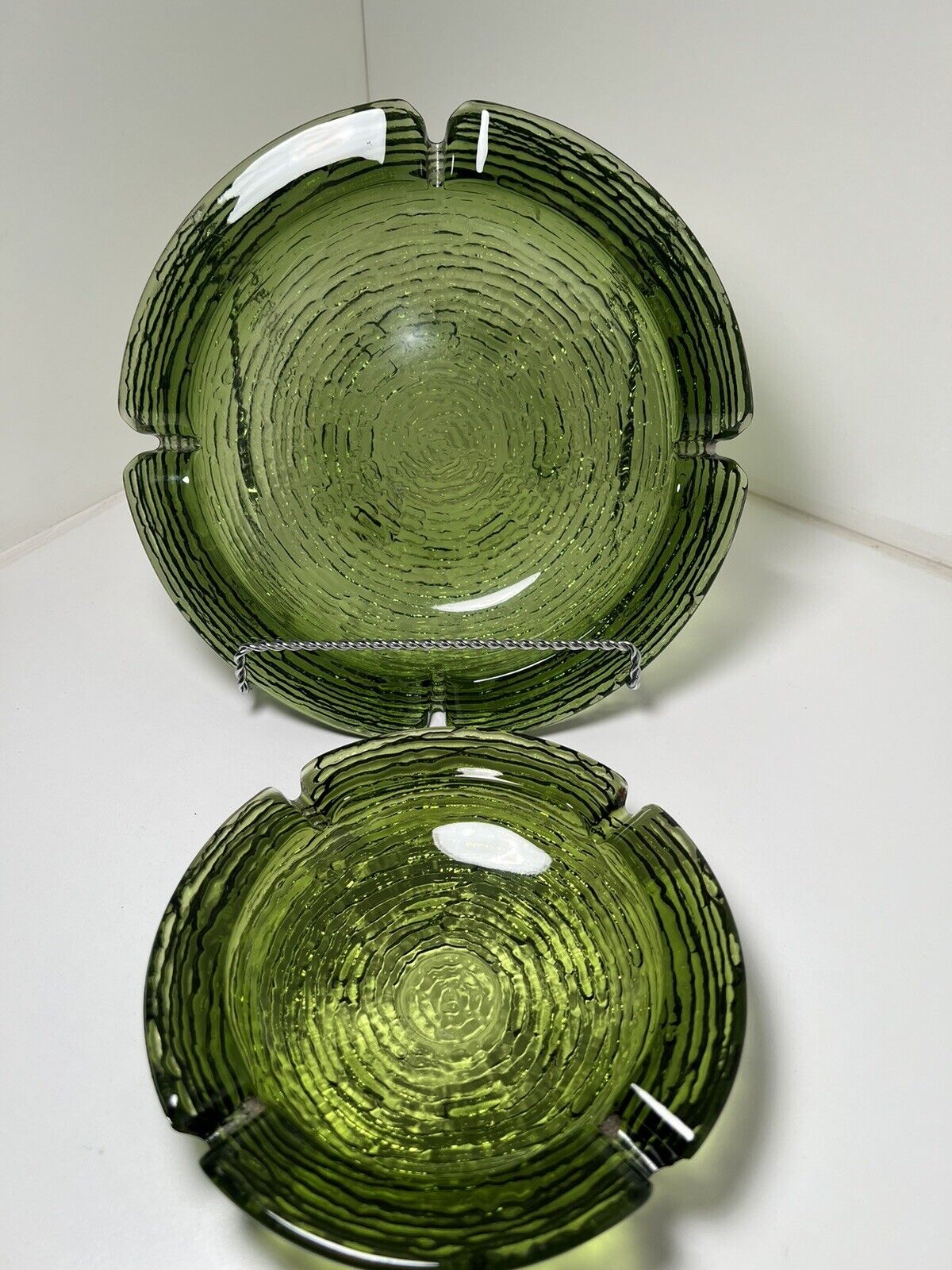 MCM Anchor Hocking Soreno glass green bark texture ashtrays (set of 2).
