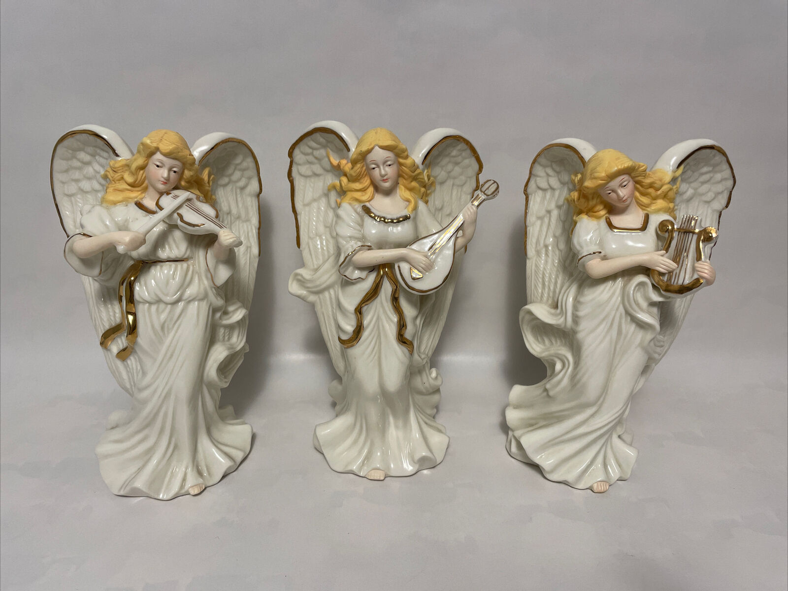 Set Of 3 Gold Trimmed Glossy Ceramic Angel w/ Musical Instrument Candle Holders