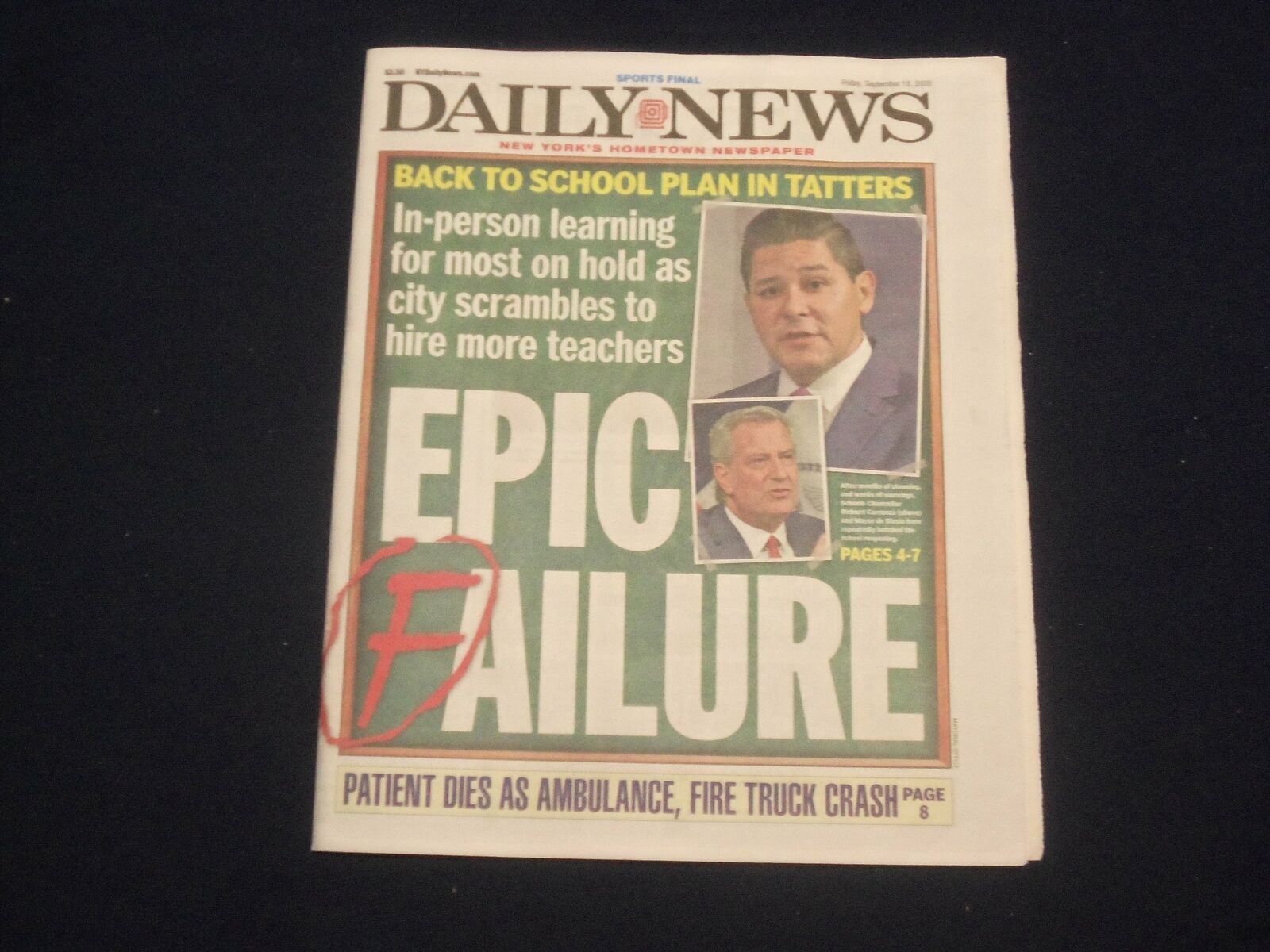 2020 SEPTEMBER 18 NEW YORK DAILY NEWS NEWSPAPER - NYC SCHOOLS TO BE VIRTUAL