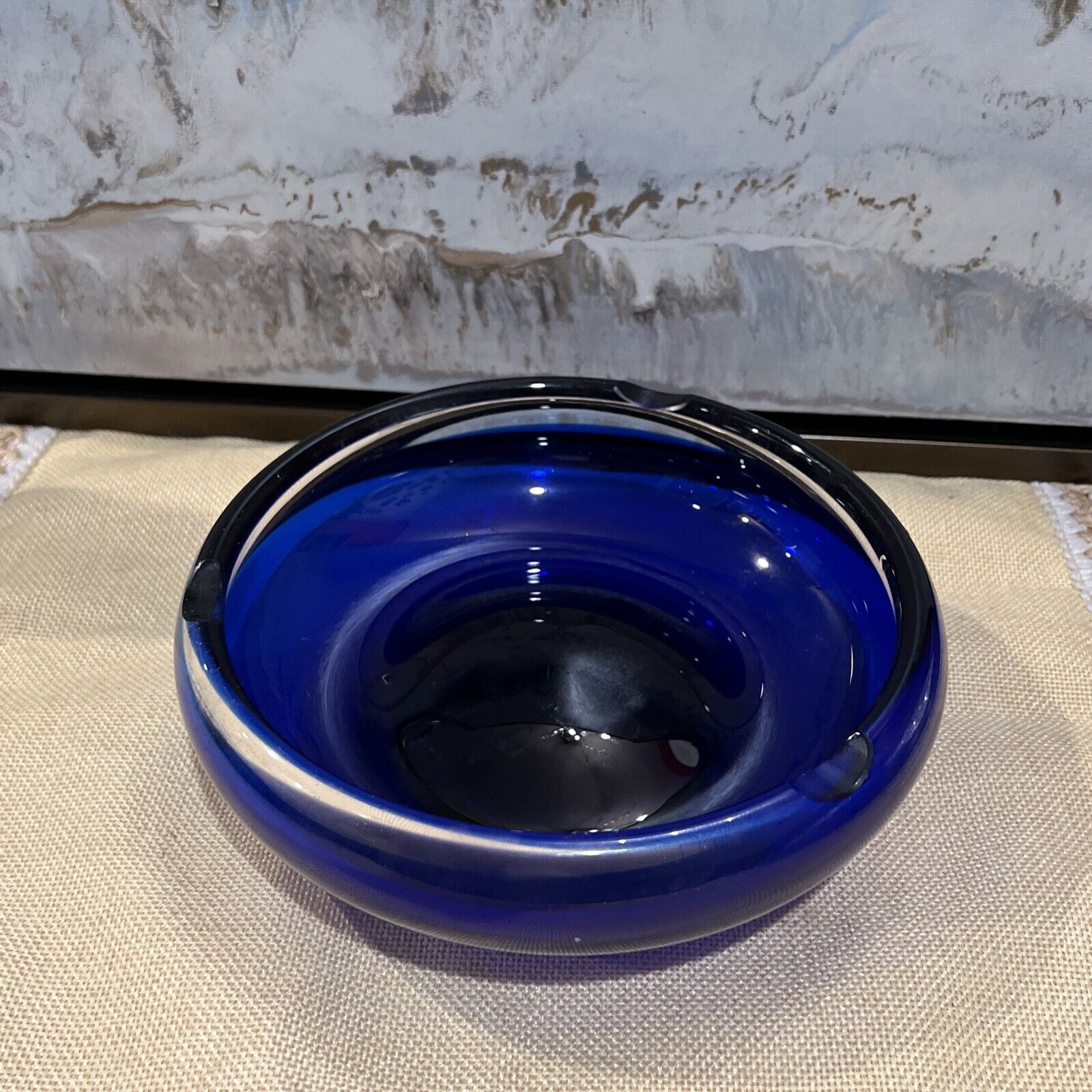 Vintage Cobalt Blue Glass Ashtray Round 7.5 inches