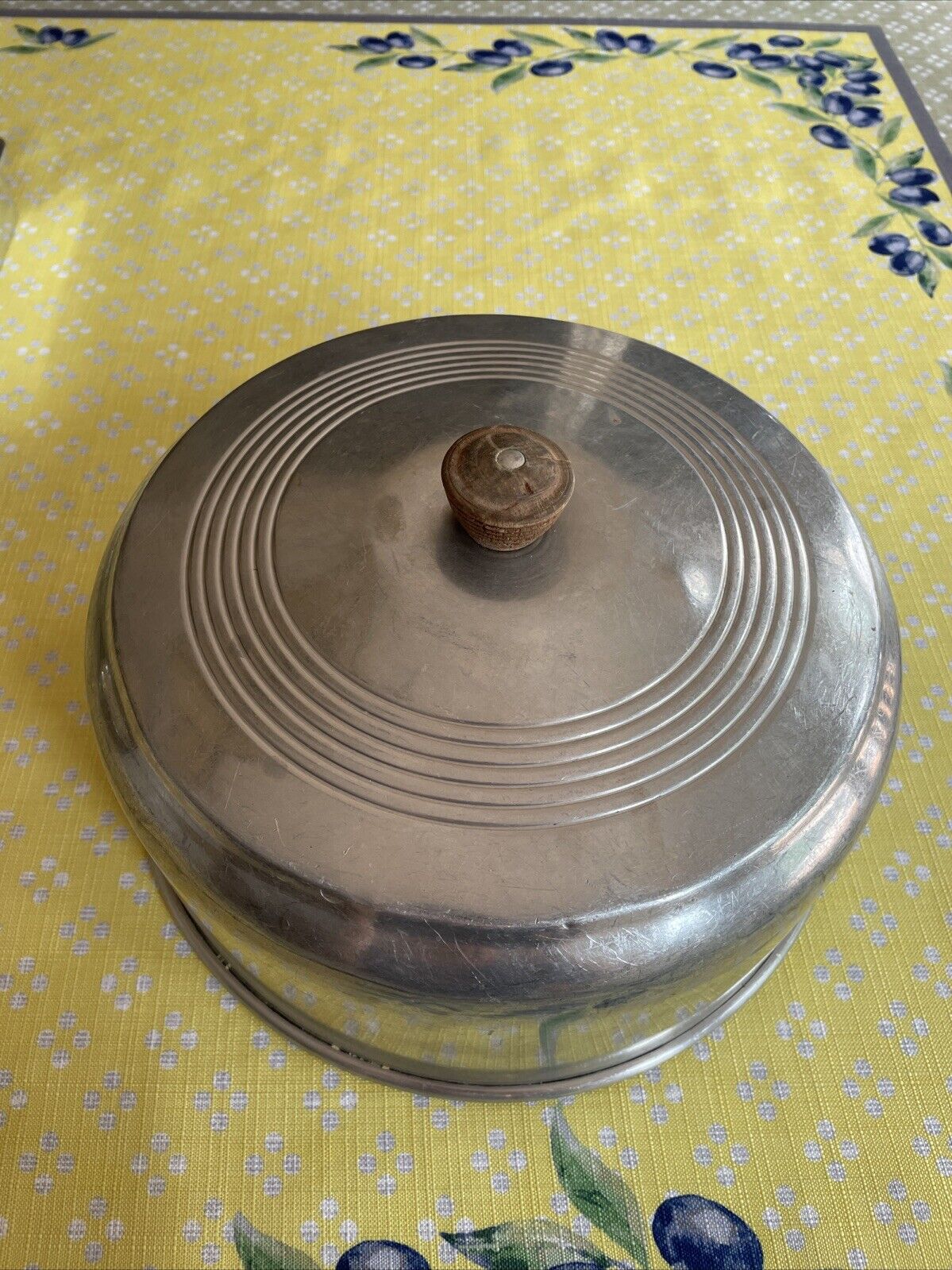 Vintage Metal Cake Lid Dome Cover Wooden Knob Aged Aluminum MCM 10\