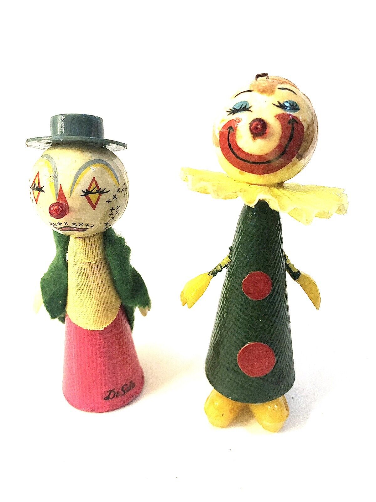DeSela Vintage Clown Ornaments 1960s, Vintage Clown Ornaments