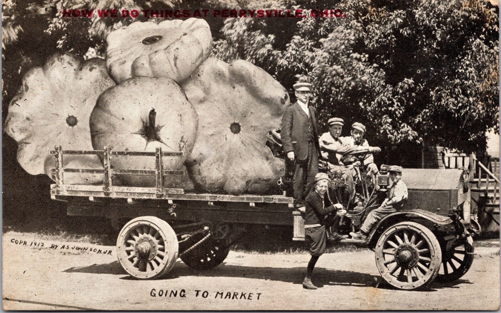 1913 Old Farm Truck Going  Market Exaggerated Pumpkin Perrysville OH Postcard 9E
